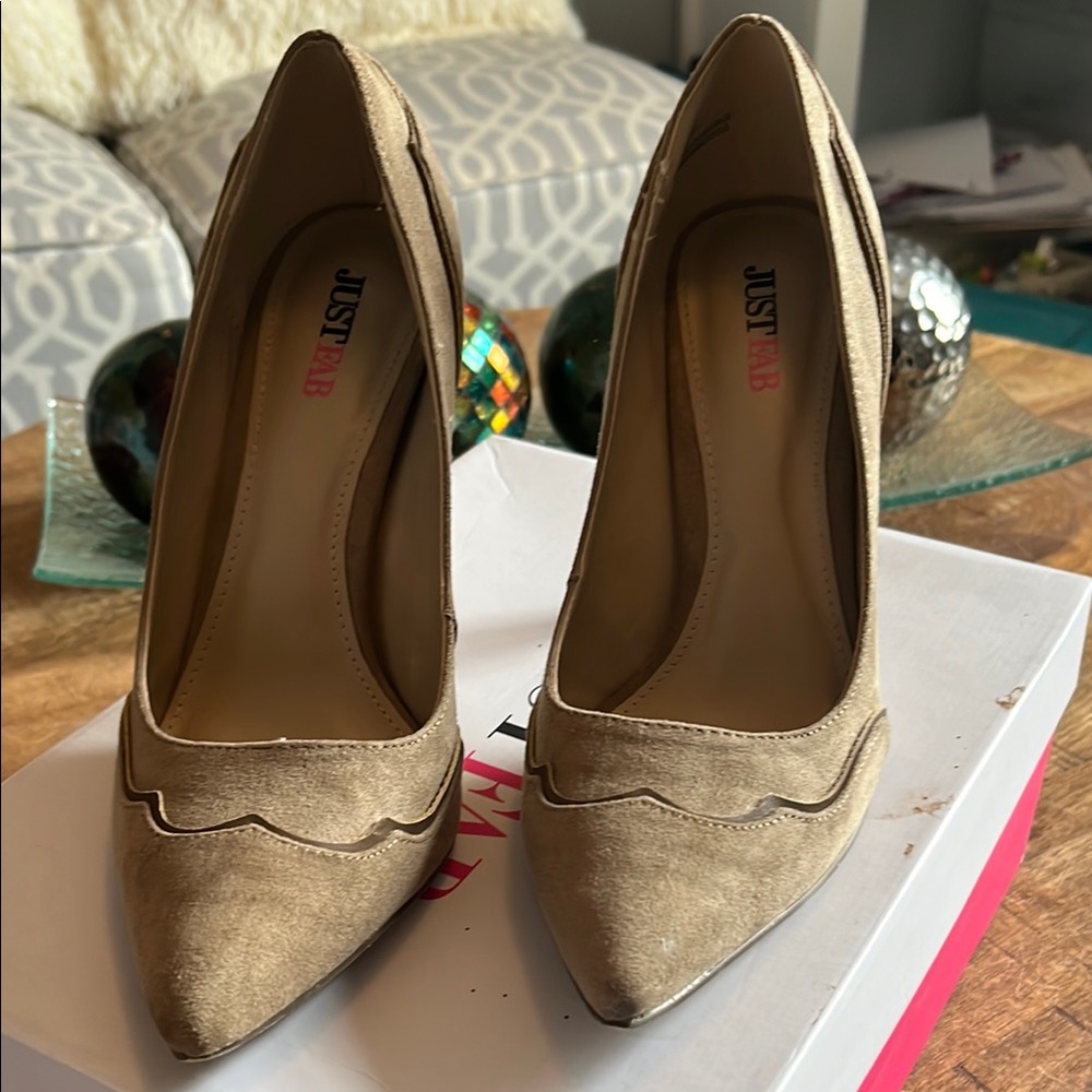 JustFab Tan Stiletto Heels with Scalloped Edge